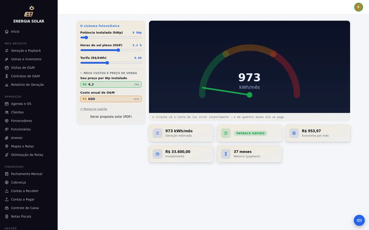 Tela Geração e Payback do sistema ENERGIA SOLAR