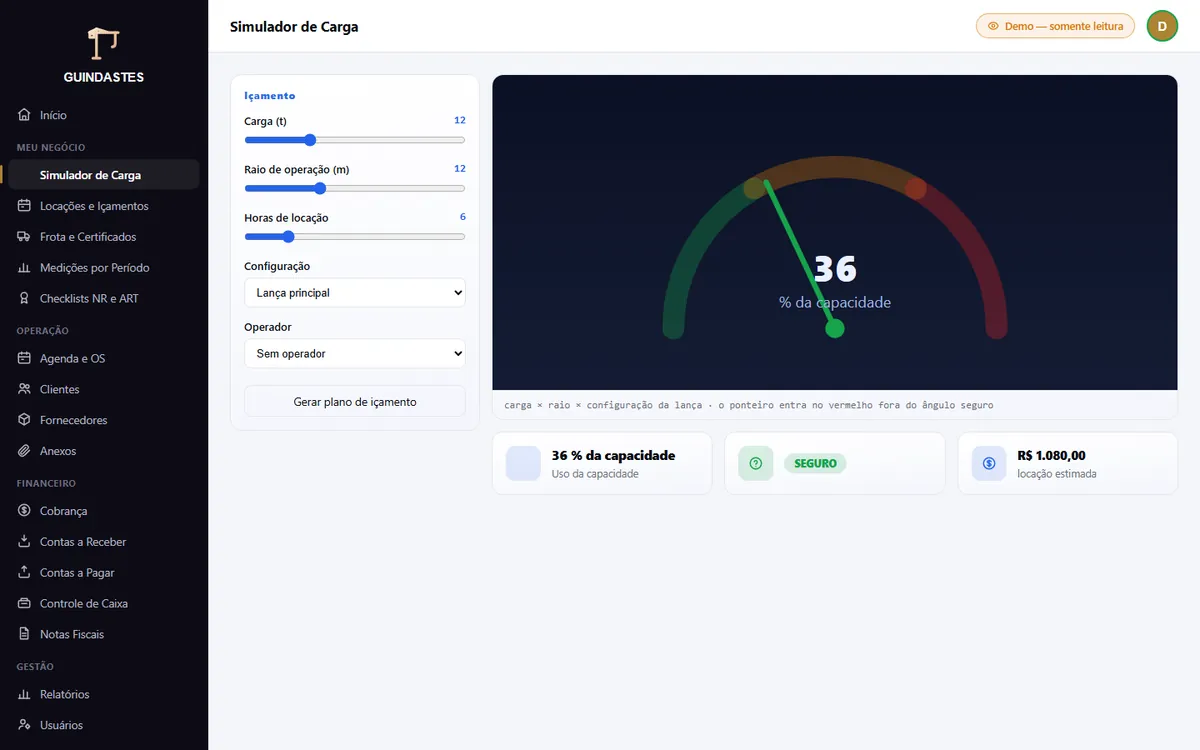 Tela Simulador de Carga do sistema GUINDASTES