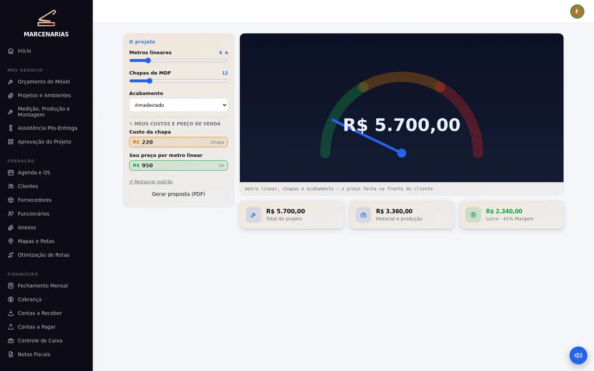 Tela de Projetos e Ambientes do sistema MARCENARIAS