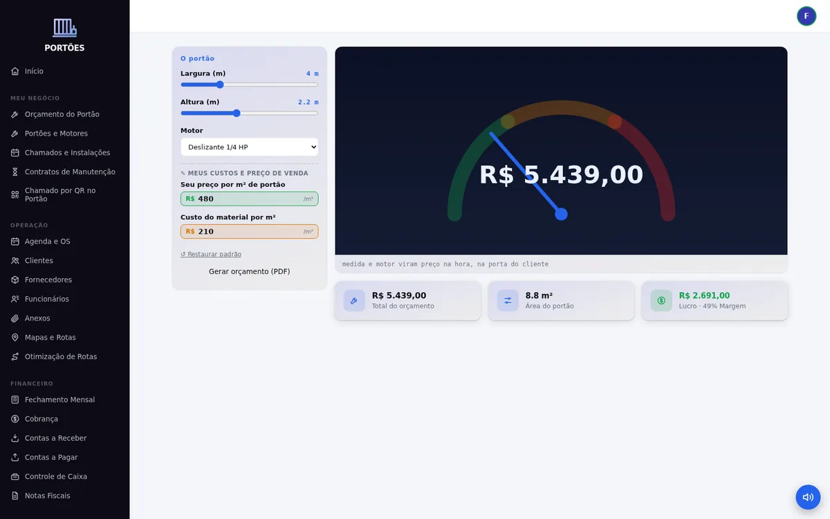 Tela de Portões e Motores do sistema PORTÕES
