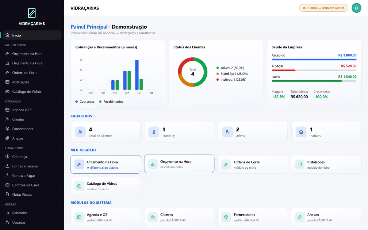 Painel principal do sistema VIDRAÇARIAS
