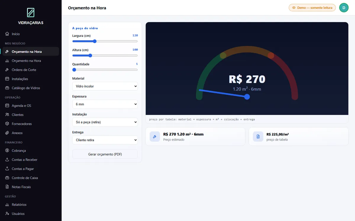 Tela Orçamento na Hora do sistema VIDRAÇARIAS